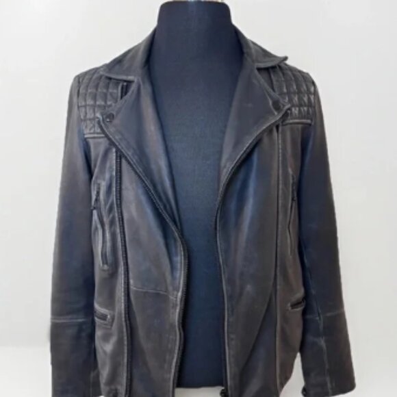 All Saints Mens Leather Jacket CARGO BIKER Black Distressed Sz S Moto City Edgy - Picture 3 of 13